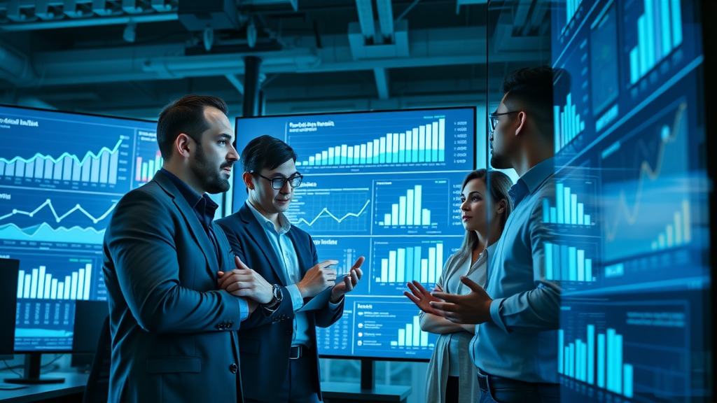 business analytics team reviewing social media and Instagram reel growth data on large digital screens