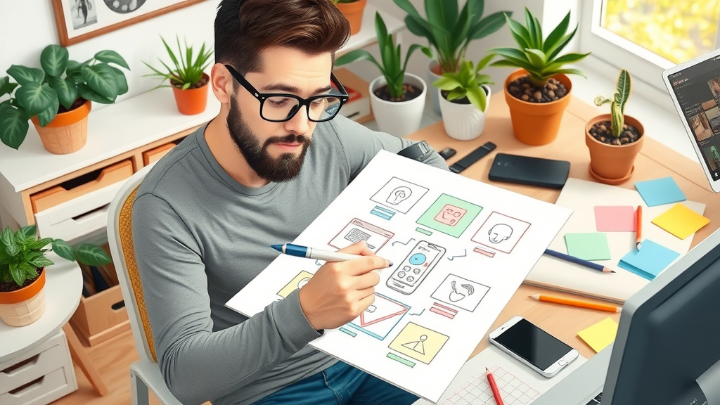 creative marketer sketching storyboard ideas for Instagram reels in a plant-filled home office