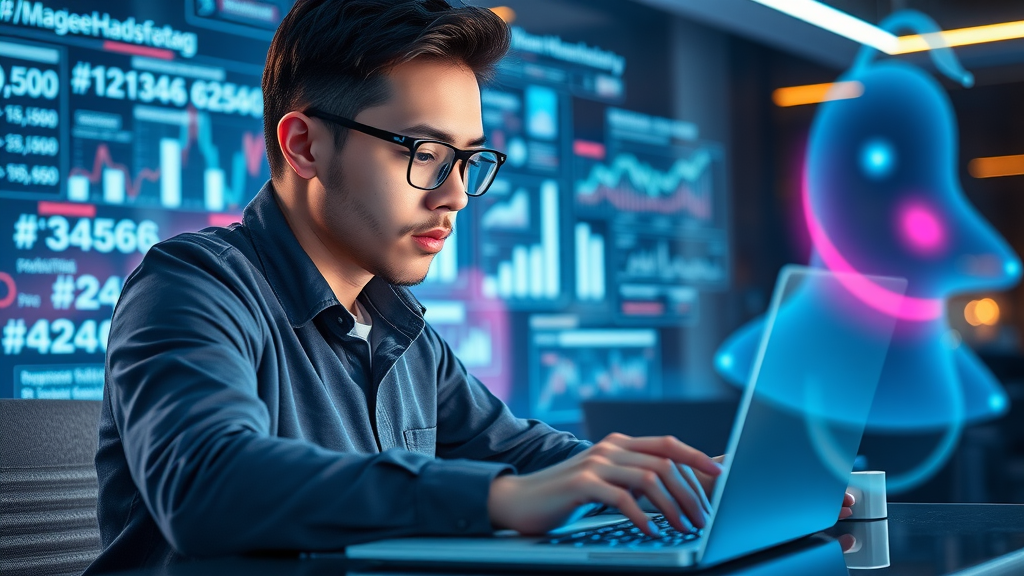 young professional analyzing viral hashtag data for Instagram reels on a futuristic laptop interface