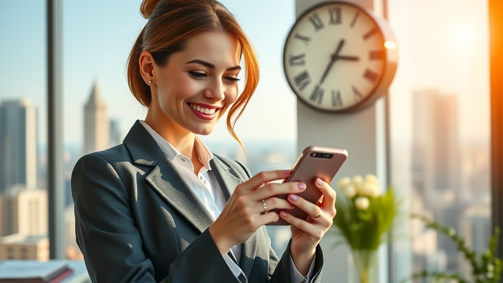 smiling property agent scheduling Instagram reels post in a sunlit modern office with city view
