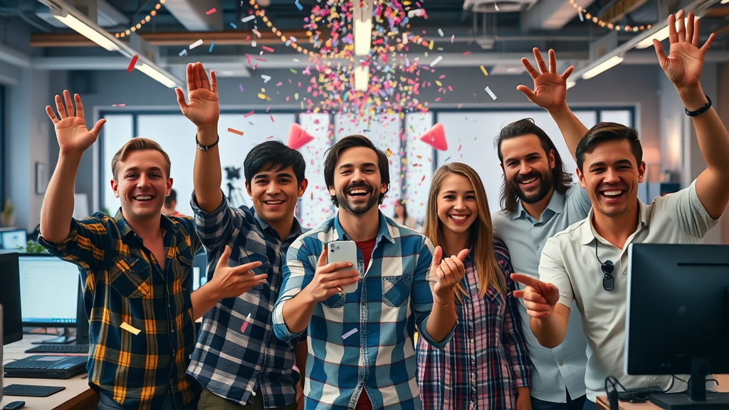 energetic group of content creators celebrating their viral video reels success in a modern, vibrant office with confetti