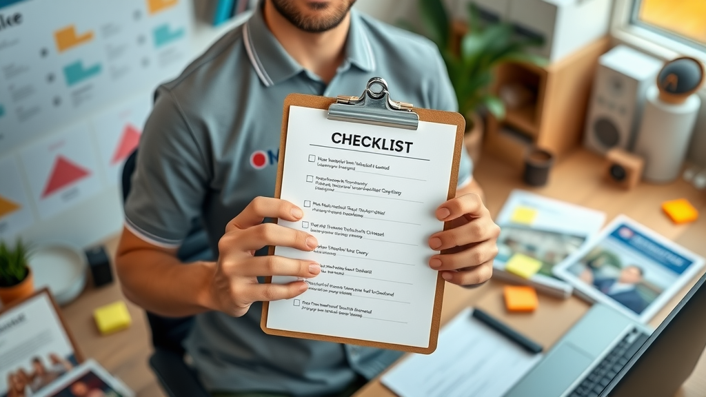 confident marketer holding an organized checklist for viral video reels strategy at a tidy desk