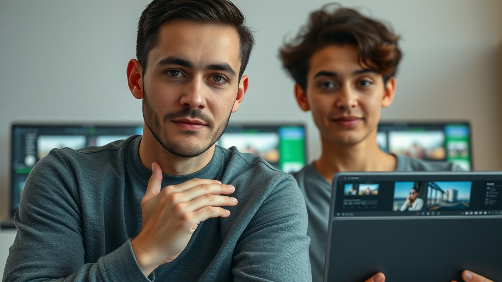Video editing software comparison for property services - multiple software interfaces on screens, photorealistic