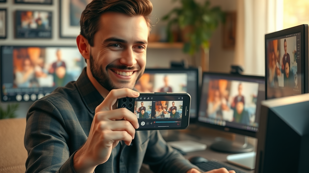 Editor reviews finished property short video on mobile, workspace with monitors, photorealistic