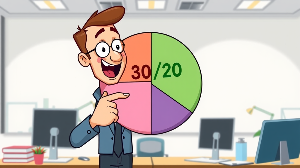 80/20 rule in video editing - pie chart illustration with emphasised segment, analytic hand, cartoon style
