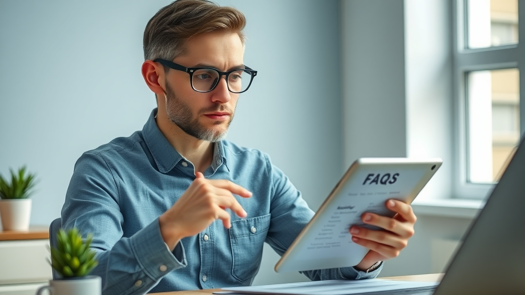 Property services manager reviews video editing FAQs on tablet, tidy workspace, photorealistic