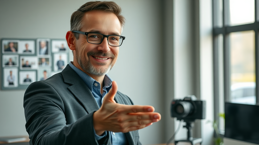 Professional video consultant welcomes property business owner for marketing help, lifelike modern office