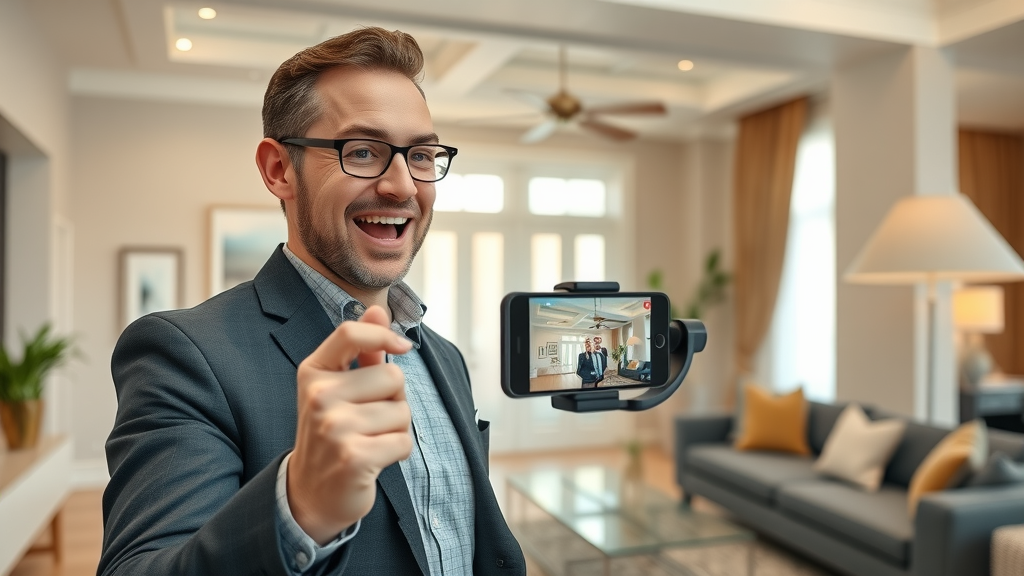 Real estate agent filming a short property tour video in a modern home