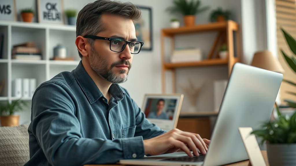 Marketing strategist tailoring a video ad for a local audience in a cosy home office, editing personalised video content