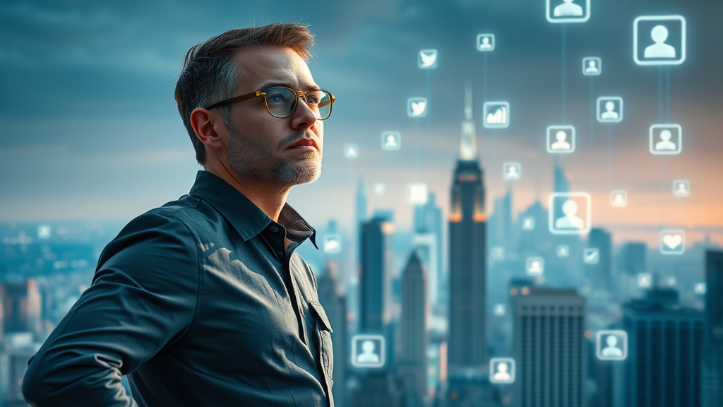 Visionary marketing professional looking ahead at futuristic cityscape filled with rising video icons and data streams