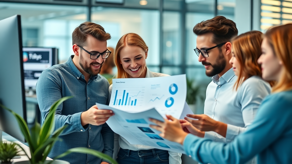 Content velocity digital marketing team analyzing data in a modern office