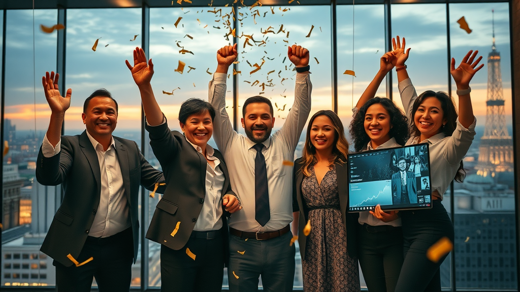 Dynamic business team celebrating content velocity achievements