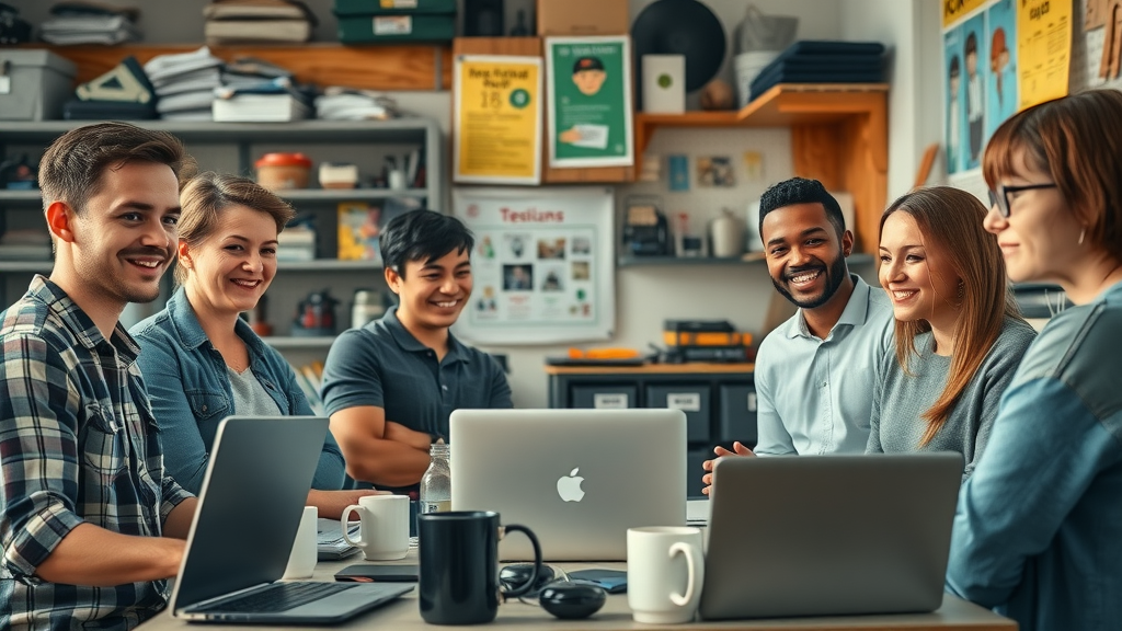 Young entrepreneurs collaborating in a suburban garage startup brainstorming tech innovation, embodying the foundation of tech startups, with shelves of tech parts, laptops, and sunlight streaming in.