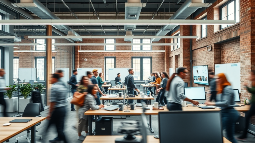 Energetic tech startup teams collaborating in a modern open-plan office environment, representing the advanced stage of tech startup scaling and innovation.