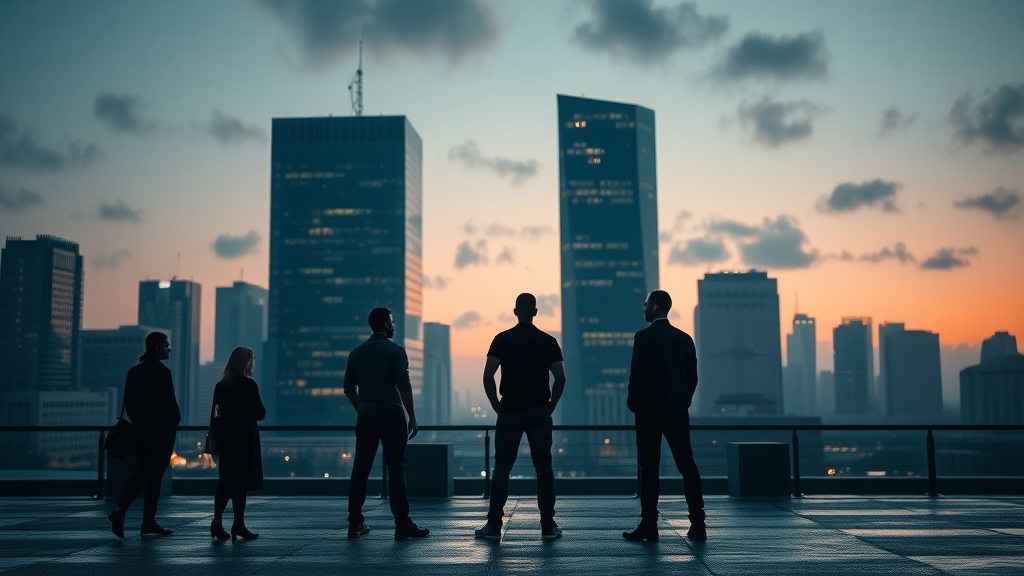 Startup team silhouetted against cityscape with imposing big tech headquarters, depicting the competition between agile startups and dominant tech companies.
