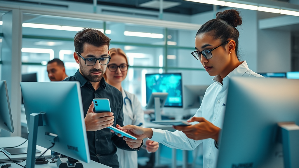 AI and fintech startup workspace with teams testing apps and medical devices, representing the cutting edge of tech startup innovation and booming sectors.