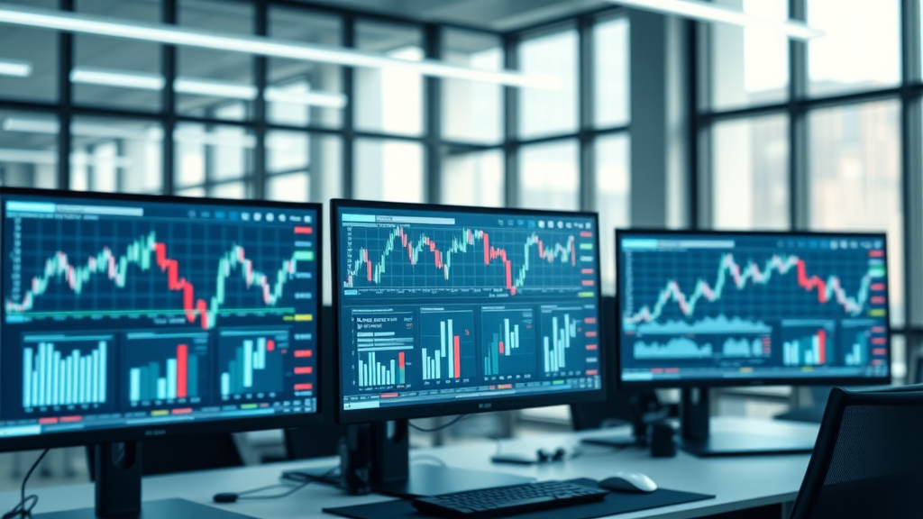 Dynamic stock market graph overlay showing tech stock market volatility and fast-moving charts with technology icons in a modern financial market dashboard, set in a contemporary office, photorealistic style, high depth of field, cool blue-gray palette, natural daylight and LED lighting