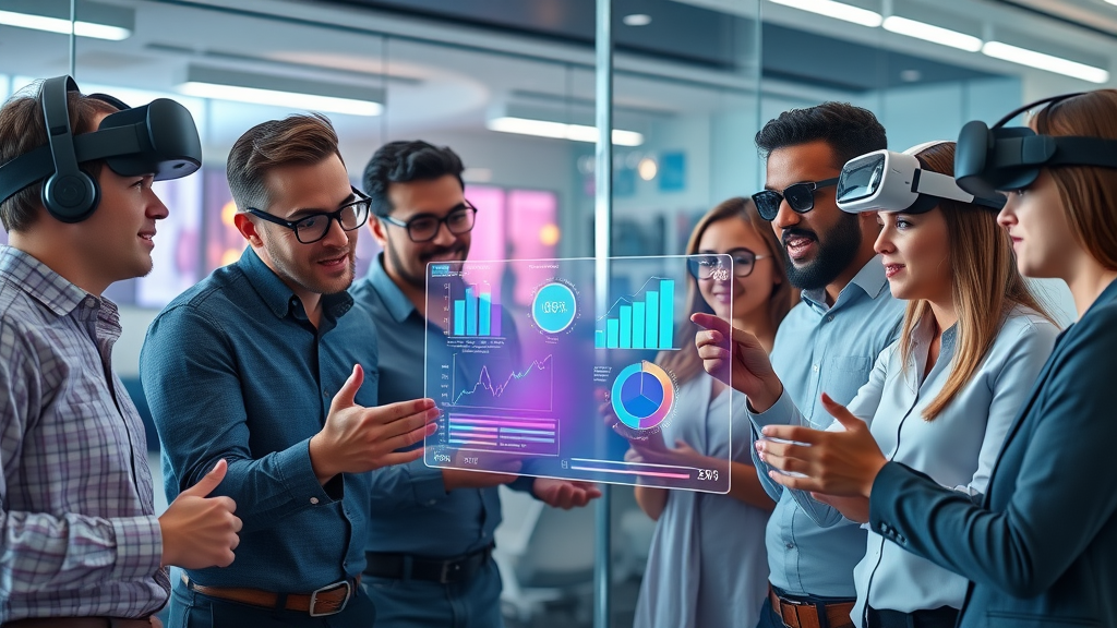 Diverse group of tech professionals analyzing futuristic holographic charts on tech stock market volatility in a high-tech conference room, AR/VR gear, photorealistic, bright lighting, collaborative action