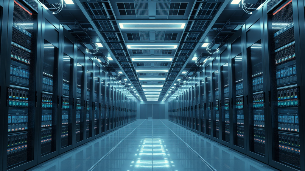 Empty data center showing calm, organized servers with active blinking lights, symbolizing underlying tech stock market infrastructure, photorealistic, metallic grays/blues, cool LED lighting, wide-angle