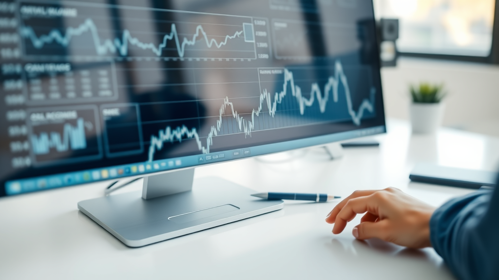 Line chart comparing volatility of tech stock market to general stock market over five years, showing rising and falling curves, digital graphs reflected in glass monitor on a modern desk