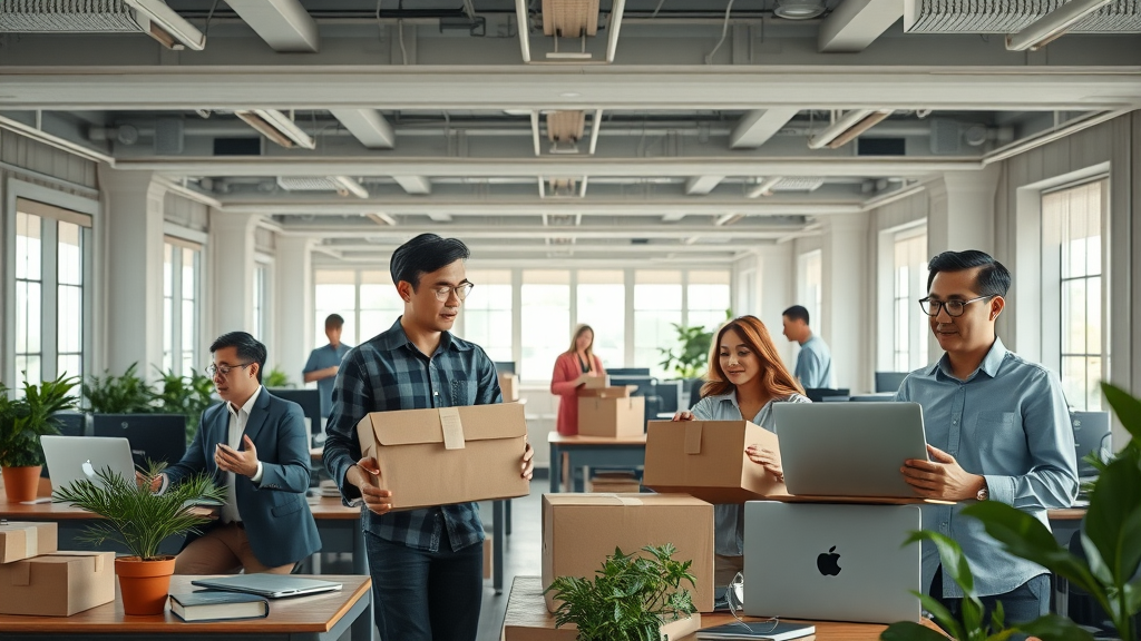Vast open-plan tech office in transition, people packing boxes and managers supporting team, capturing tech stock volatility through workforce changes, photorealistic, natural mixed lighting