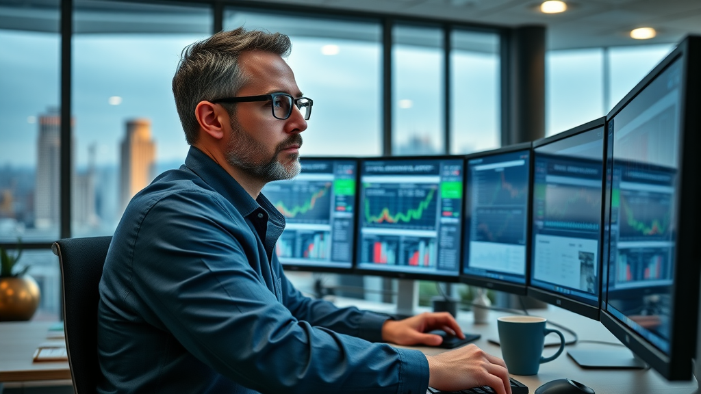 Seasoned financial analyst at workstation tracking live tech stock market data and news, digital charts reflecting in monitors, city skyline in background, photorealistic, deep blue/green