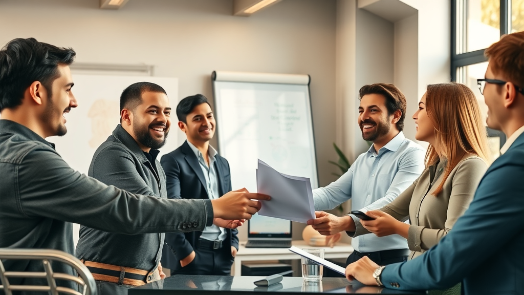 Startup founders pitching to venture capitalists in a Silicon Valley office, excited animated conversation, whiteboard and tech gadgets, photorealistic, warm amber tones, modern workspace
