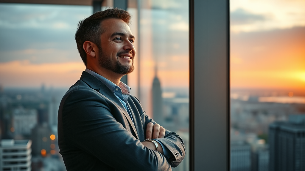 Confident modern investor overlooking cityscape at sunset, hopeful smile, folded arms, symbolizing optimism about mastering tech stock market volatility, photorealistic, soft golden hour lighting