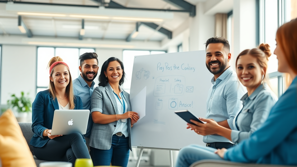 Vibrant modern tech office with friendly, diverse group of professionals collaborating in a contemporary workspace—tech industry culture.