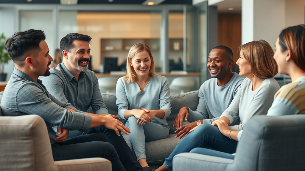 Supportive team environment in a modern tech office—organizational culture and psychological safety in tech companies.