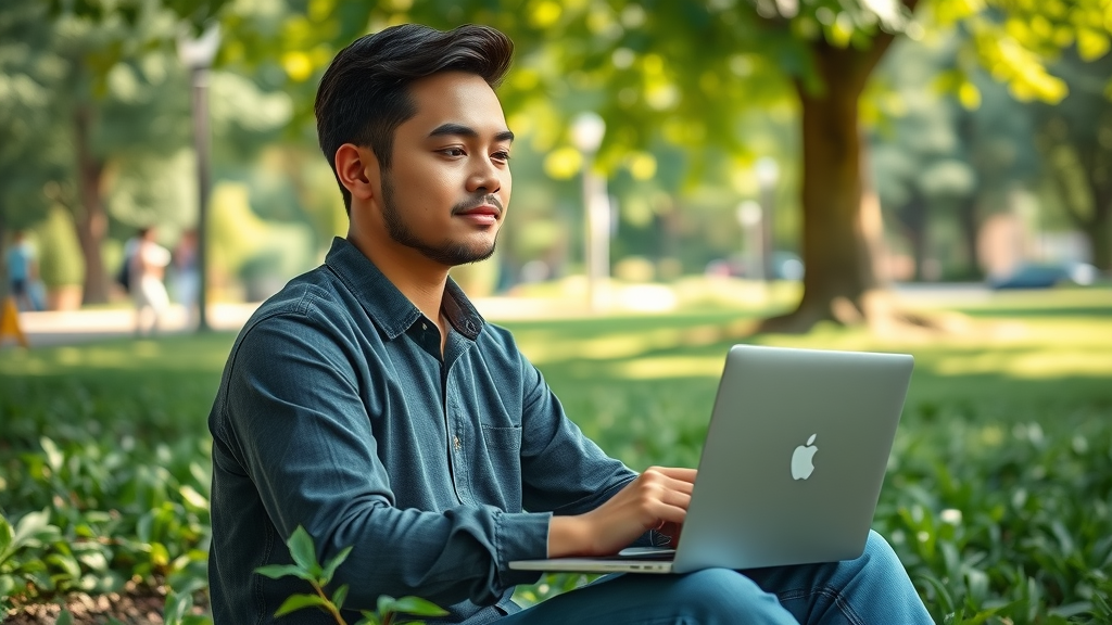 Calm tech worker taking a mindful outdoor break—mental health and stress relief in tech industry culture.
