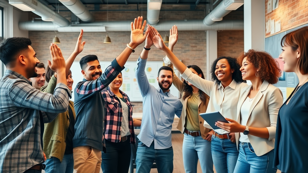 Diverse tech workplace celebrating project success—inclusive and diverse tech industry culture.