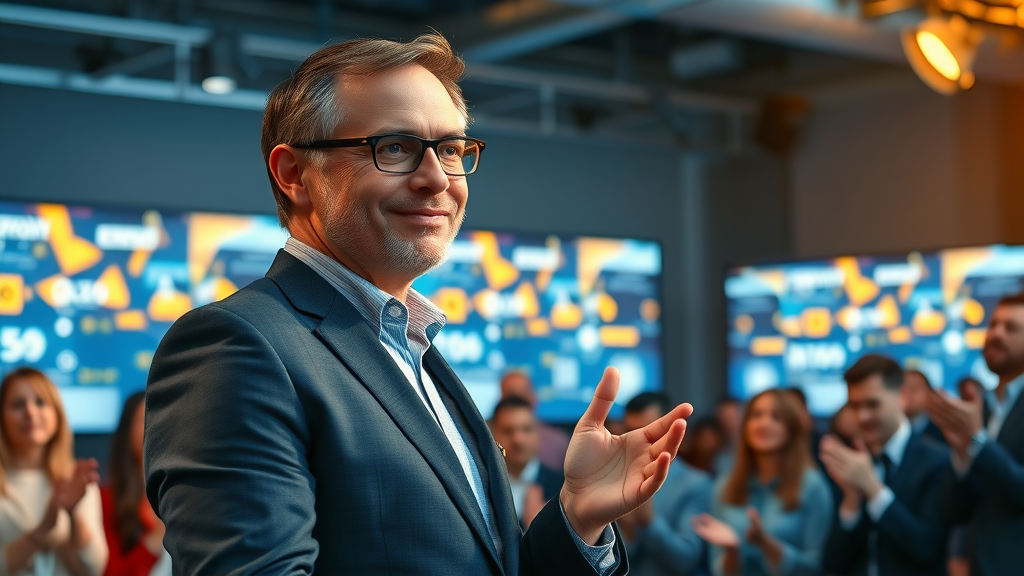 Confident tech leader addressing team—leadership and success in tech industry culture.