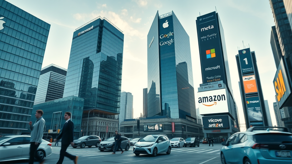 Modern headquarters of top big tech companies like Apple, Google, Meta, Microsoft, and Amazon, bustling city, skyline, people, electric vehicles, digital billboards, cool blue and gray tones, bright daylight, big tech companies