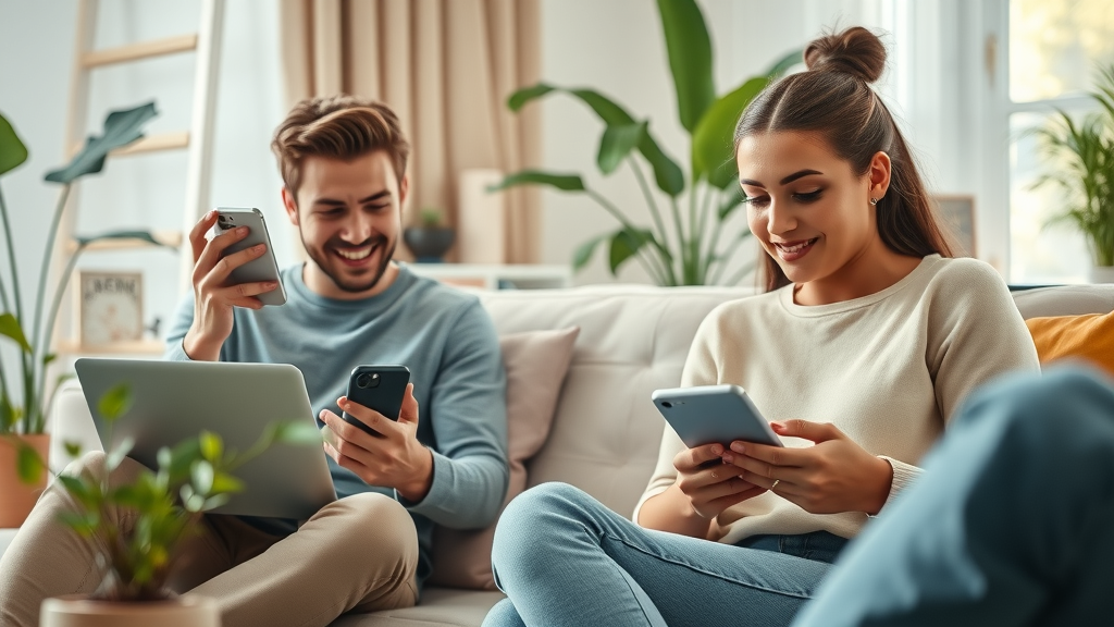 People using smartphones and laptops, reflecting big tech company logos in screens, cozy living room, modern digital lifestyle, photorealistic