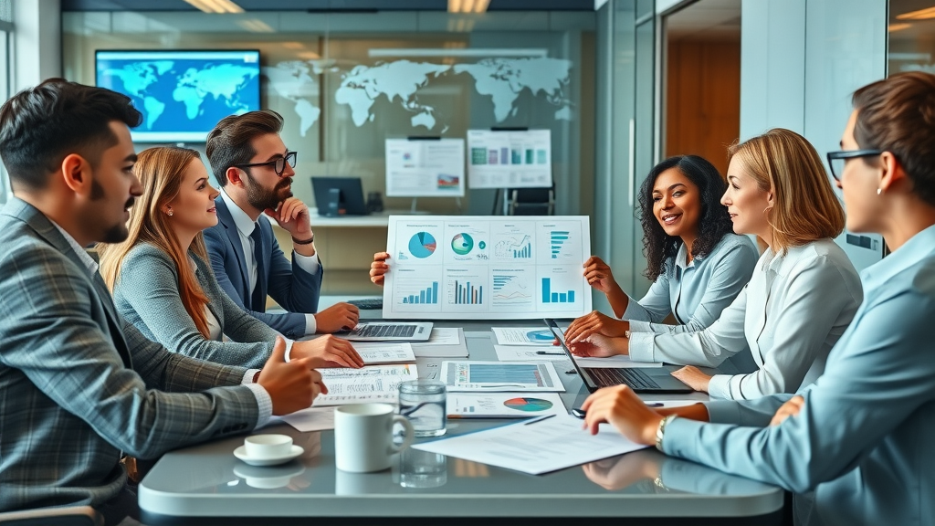 Diverse team analyzing charts about big tech companies in a modern office, digital screens, global tech visuals, engaged discussion, business meeting