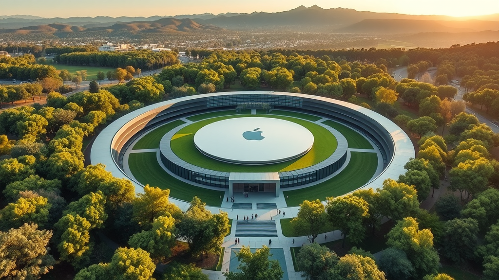 Apple’s innovative ring-shaped headquarters in Cupertino, California, surrounded by green landscaping and employees, big tech companies, silicon valley