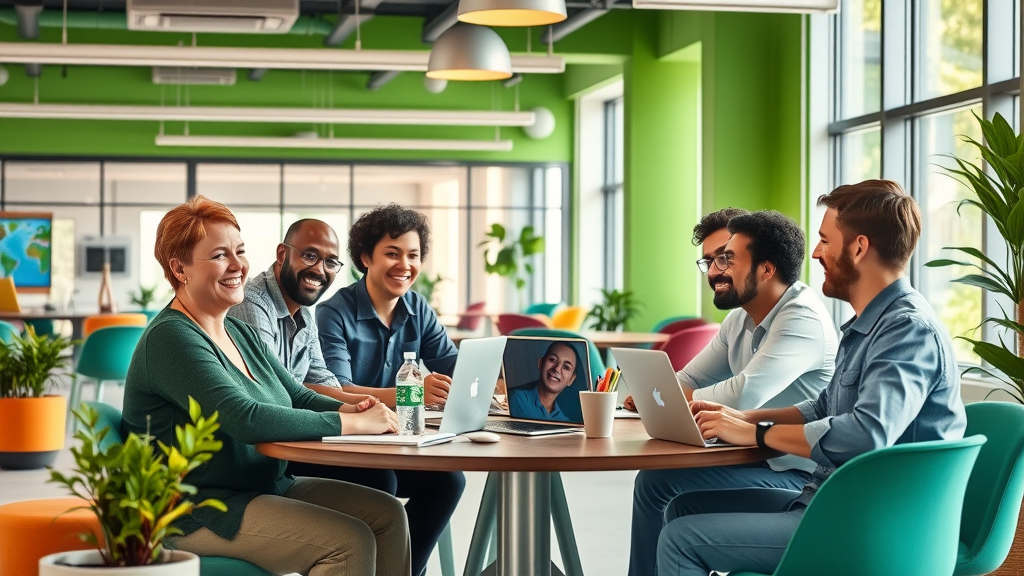 Open Google campus with diverse employees brainstorming, digital displays, green accents, and collaborative workspace, technology companies