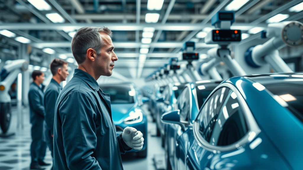 Tesla factory assembly line with engineers and robotic arms building electric vehicles, big tech companies innovation, high-tech manufacturing