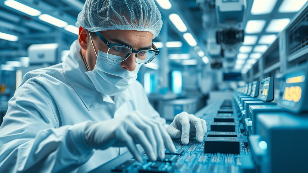 Technician in cleanroom inspecting microchips at a Samsung semiconductor factory, global technology companies, photorealistic, blue tones, high tech