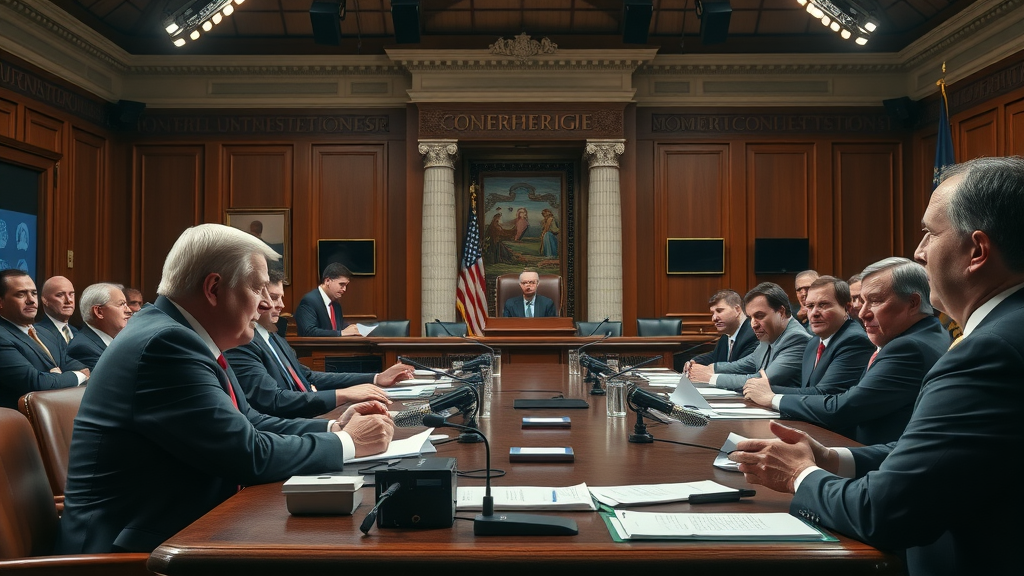 Big tech CEOs at US Congressional hearing table, business leaders under scrutiny, government oversight, technology company regulation