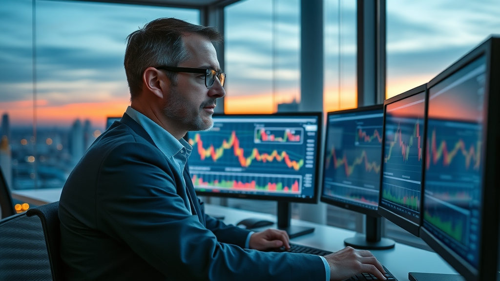 Investor in a tech-forward office analyzes big tech company stock charts on monitors, market cap movement, business and investment strategy