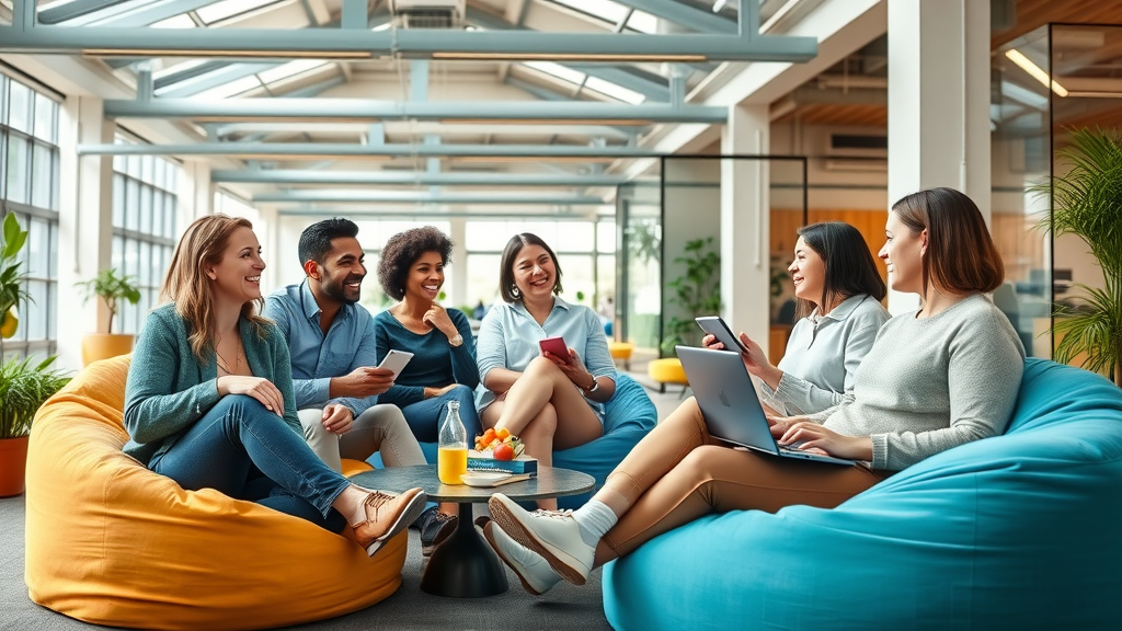 Tech company employees collaborate and brainstorm in a creative, brightly lit workspace, relaxed but driven culture, inside big tech companies