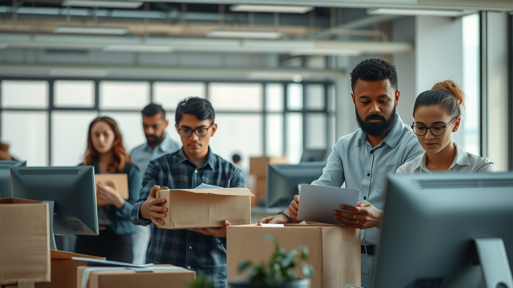 Tech layoffs in modern office: diverse employees packing boxes, looking somber but hopeful, referencing recent job cuts, tech layoffs, and company transitions.