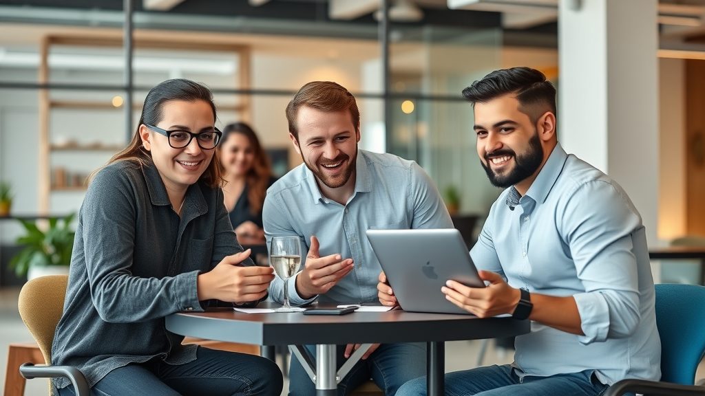 Optimistic tech professionals collaborating after layoffs, showing innovation and adaptability in modern coworking space.