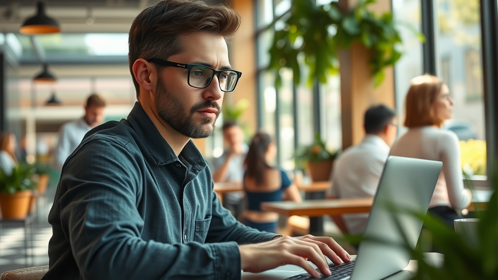 Silicon Valley software engineer coding on a laptop in a trendy Bay Area café