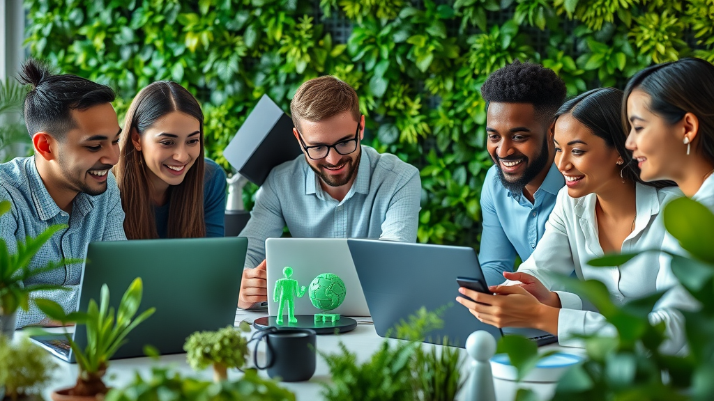 Diverse group collaborating in Silicon Valley, focusing on AI and sustainability projects, representing new era of tech talent