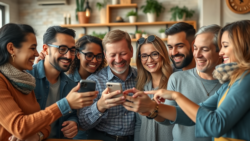Engaging group of local customers watching a social media video together in a cozy café, illustrating the effectiveness of social &amp; video marketing
