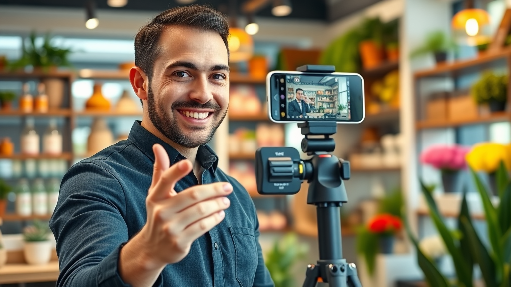 Confident business owner recording a short social media video for audience engagement