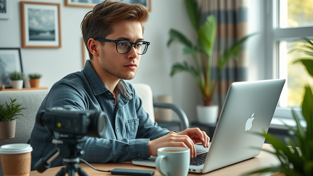 Entrepreneur editing social media video for local marketing campaign on a laptop